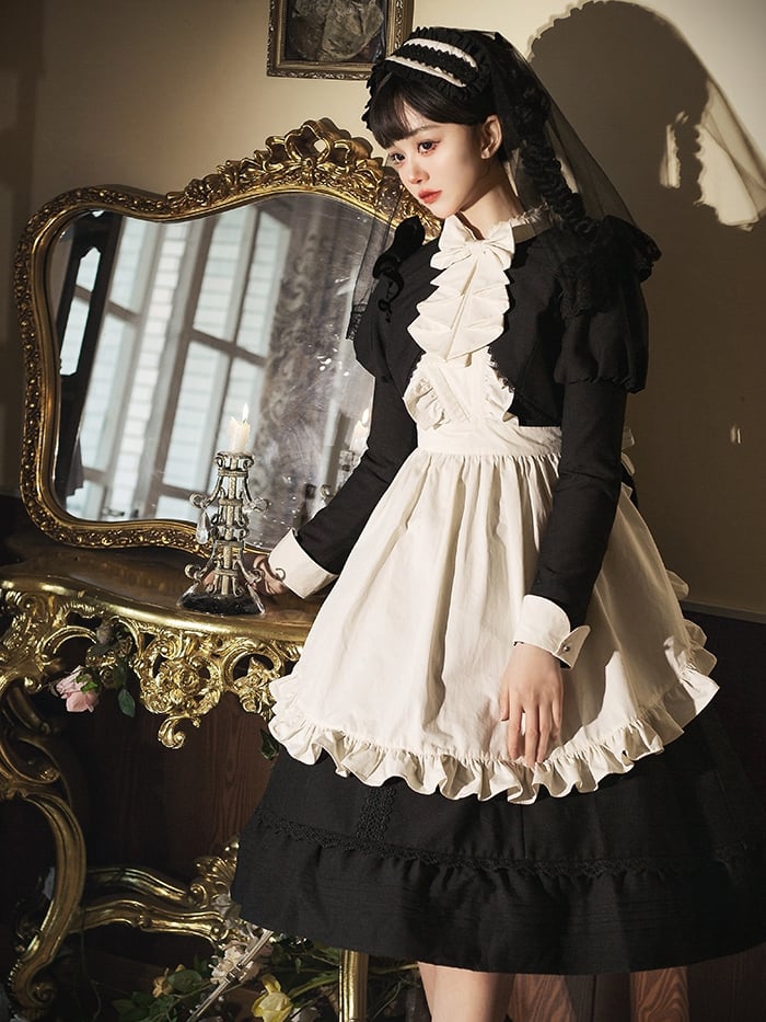 Clearance - Miss Grace Black Peter Pan Collar Long Sleeves Maid One Piece Full Set