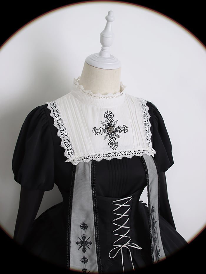 Cross Embroidery Front One Piece Handkerchief Hem Long Sleeves