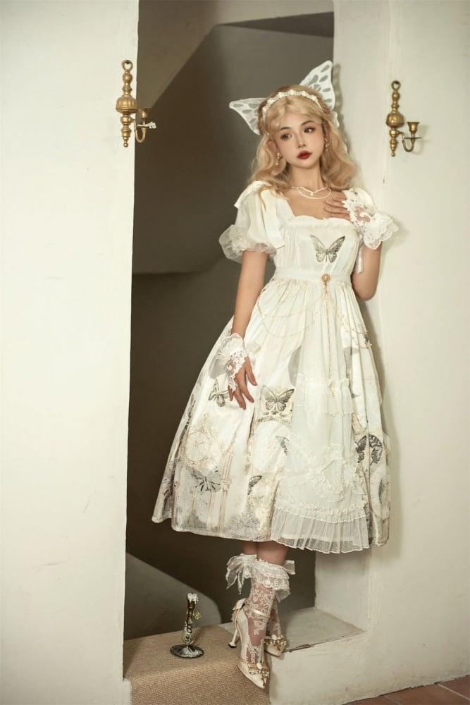 Clock and Butterfly Print White One Piece Puff Sleeves High Waist