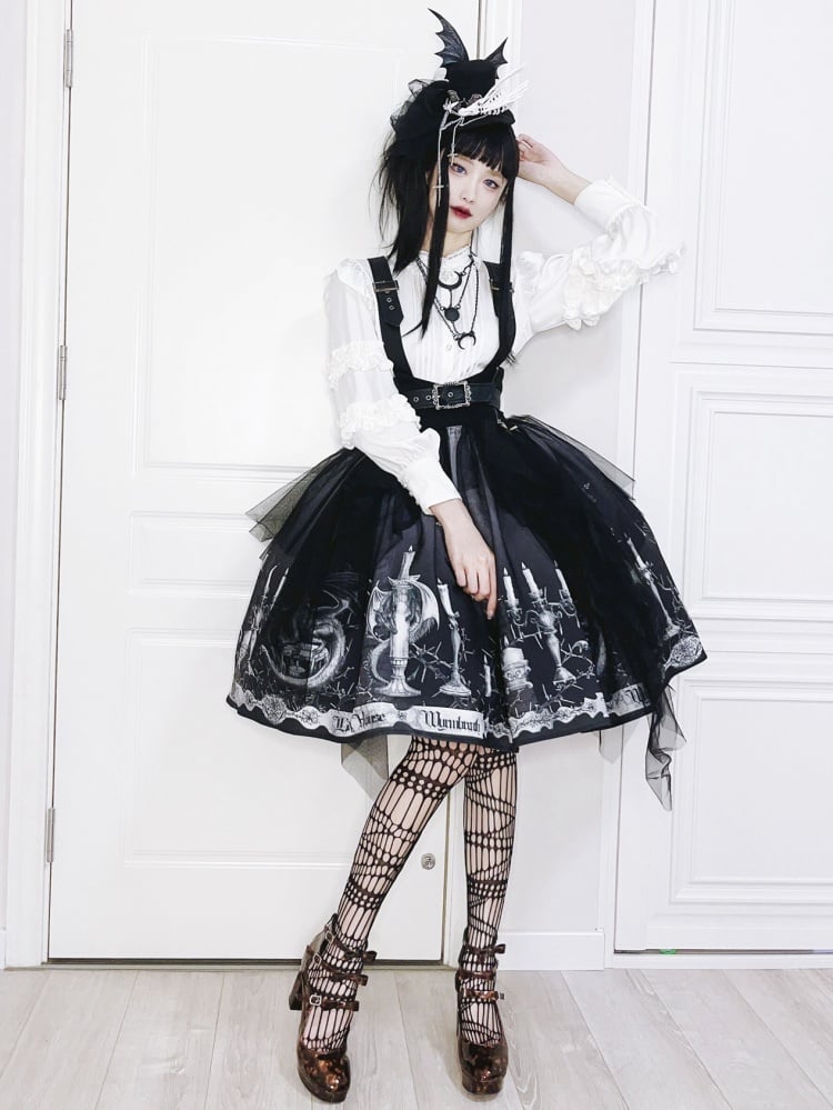 Dragon's Breath Black Candle Print High Waist Lolita Skirt with Straps - Sukuroi