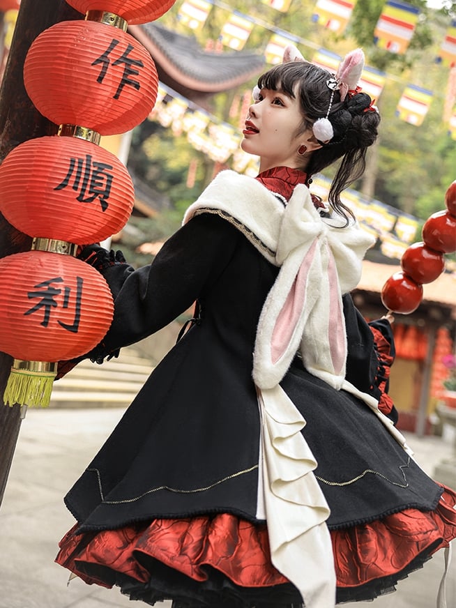 Black and Red Cheongsam Collar One Piece Full Set