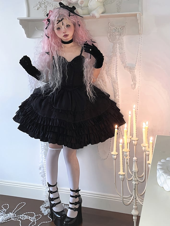 Black Sweetheart Neckline Boned Bodice Balletcore Jumper Skirt Tiered Ruffles with Big Bow