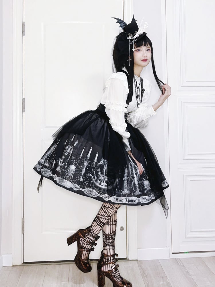 Dragon's Breath Black Candle Print High Waist Lolita Skirt with Straps - Sukuroi