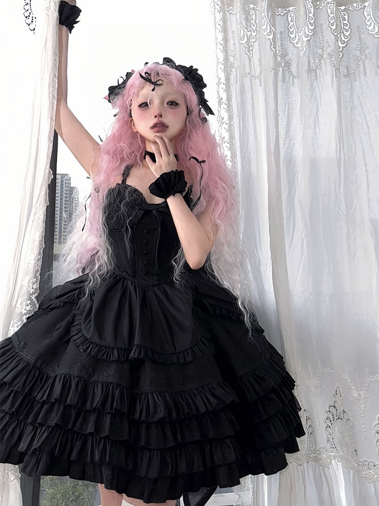 Black Sweetheart Neckline Boned Bodice Balletcore Jumper Skirt Tiered Ruffles with Big Bow