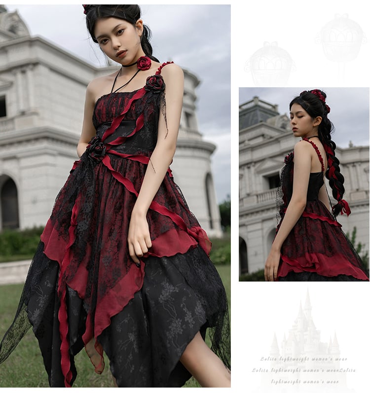 Red Floral Decoration Handkerchief Hem Jumper Skirt Asymmetrical Shoulder Straps