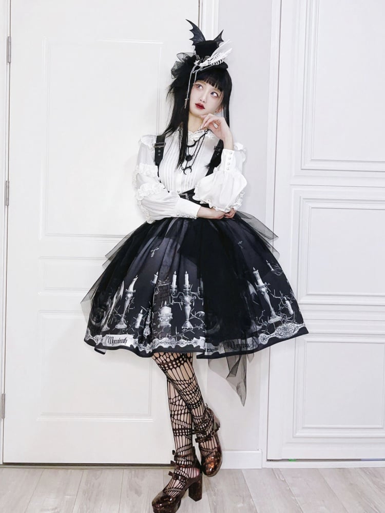 Dragon's Breath Black Candle Print High Waist Lolita Skirt with Straps - Sukuroi