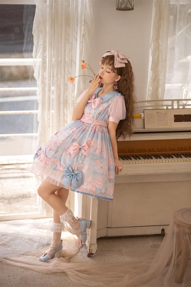 Bunny Print Light Blue Sweet Dress Print Short Sleeve One Piece