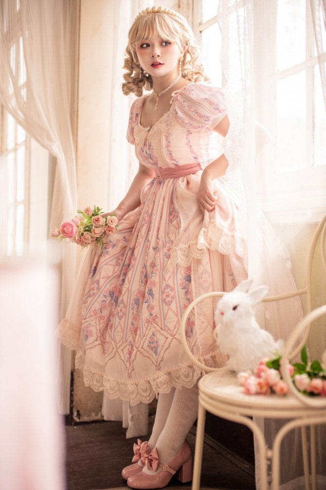 Bunny and Floral Print Pink One Piece Tea Length Classic Dress