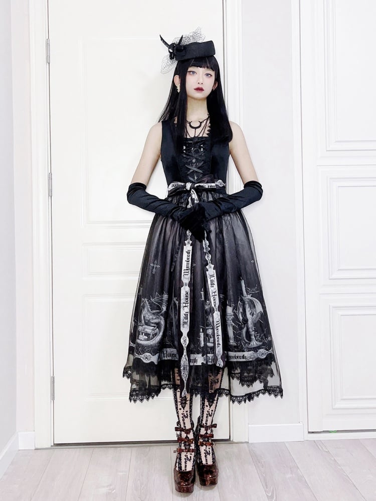 Dragon's Breath Black Gothic Candle and Gragon Print Jumper Skirt - Sukuroi