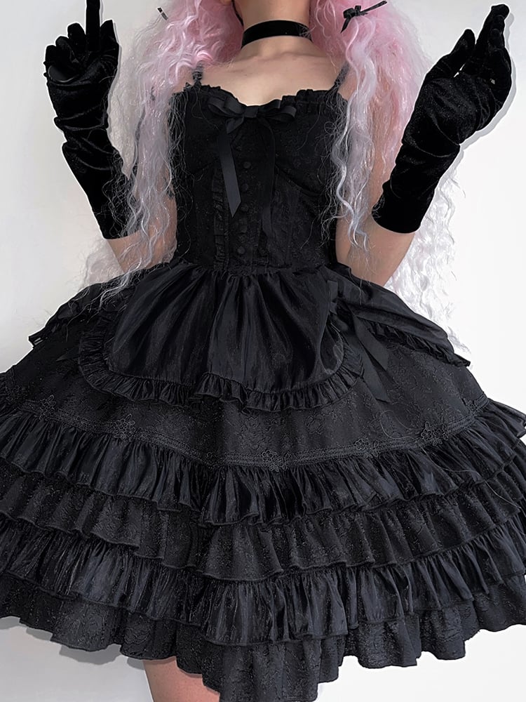 Black Sweetheart Neckline Boned Bodice Balletcore Jumper Skirt Tiered Ruffles with Big Bow