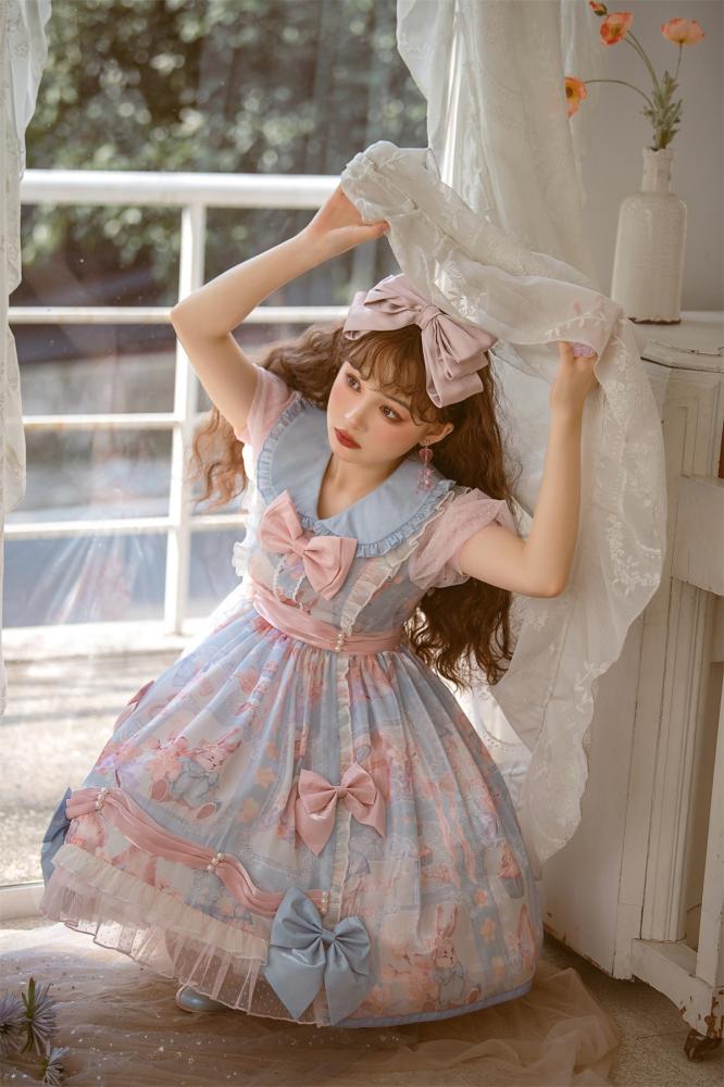 Bunny Print Light Blue Sweet Dress Print Short Sleeve One Piece