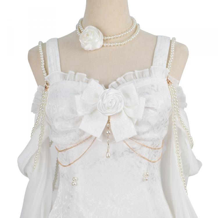 Camellia White Jacquard Rose Decoration Bead Detail Ruffle Mermaid Hemline Lolita JSK