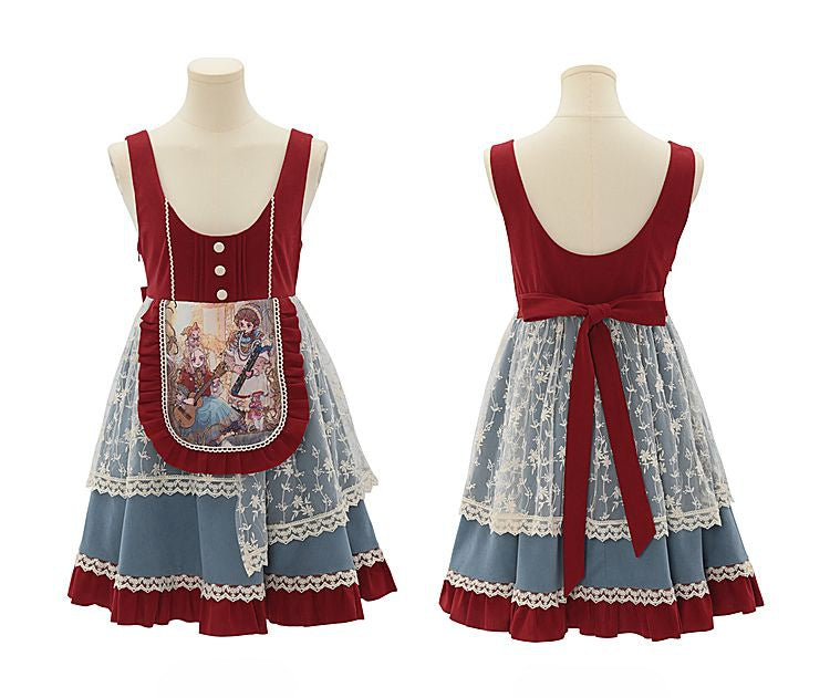 Fairy Tale Overture Girl and Violin Print Ruffle Trim Overalls