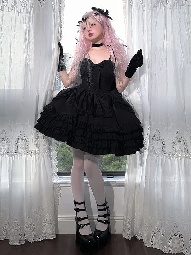 Black Sweetheart Neckline Boned Bodice Balletcore Jumper Skirt Tiered Ruffles with Big Bow