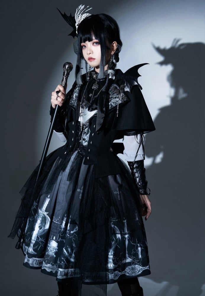 Dragon's Breath Black Candle Print High Waist Lolita Skirt with Straps - Sukuroi