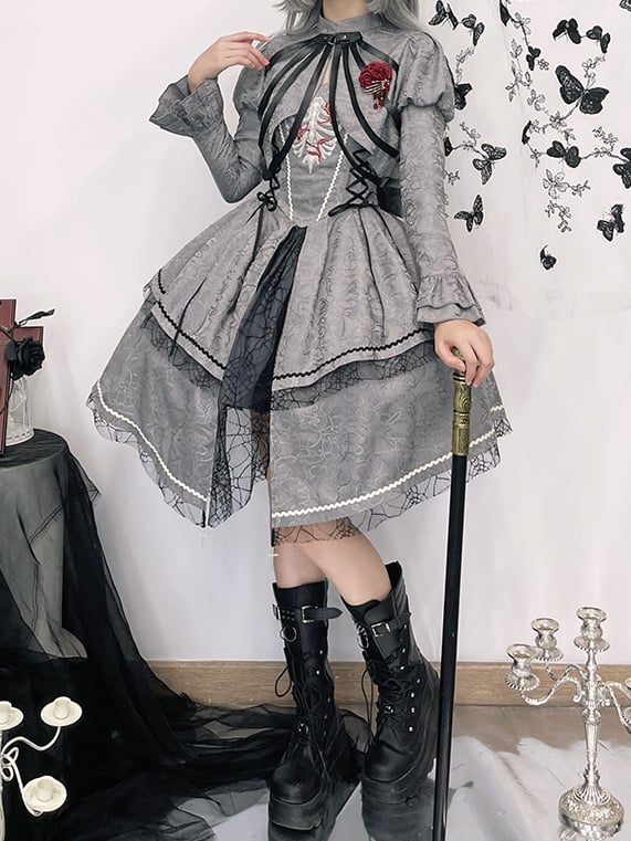 Gray Rose Ribs Embroidery Gothic Jumper Skirt/Jumper Skirt+Bolero Set