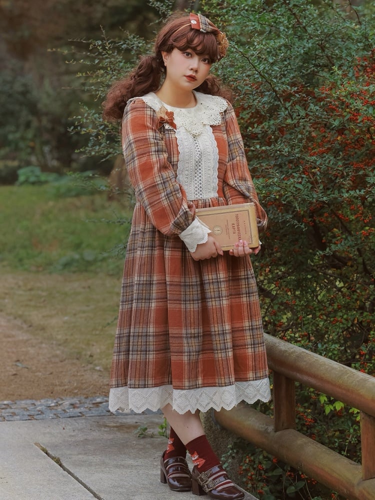 Brown Autumn Plaid Pattern Dress One Piece