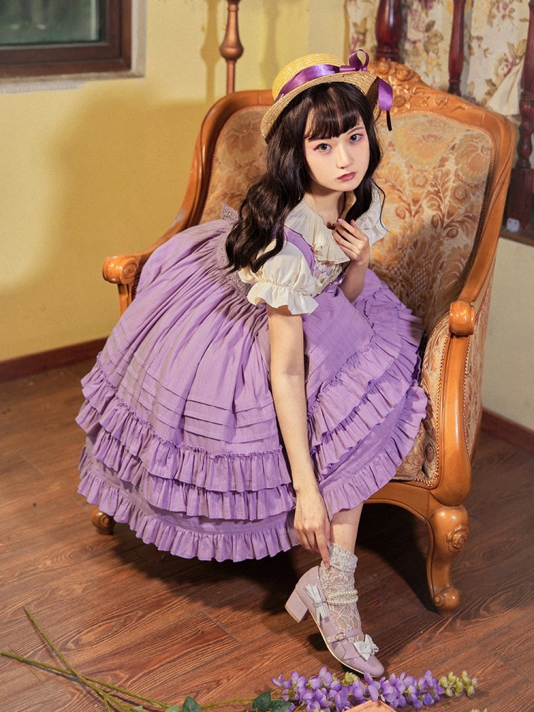 Girl Nelly Color Purple Floral Embroidery Round Neck Jumper Skirt