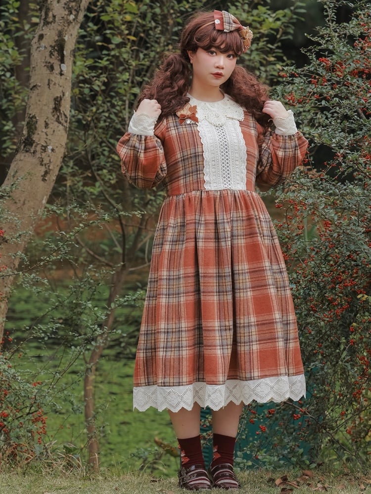 Brown Autumn Plaid Pattern Dress One Piece