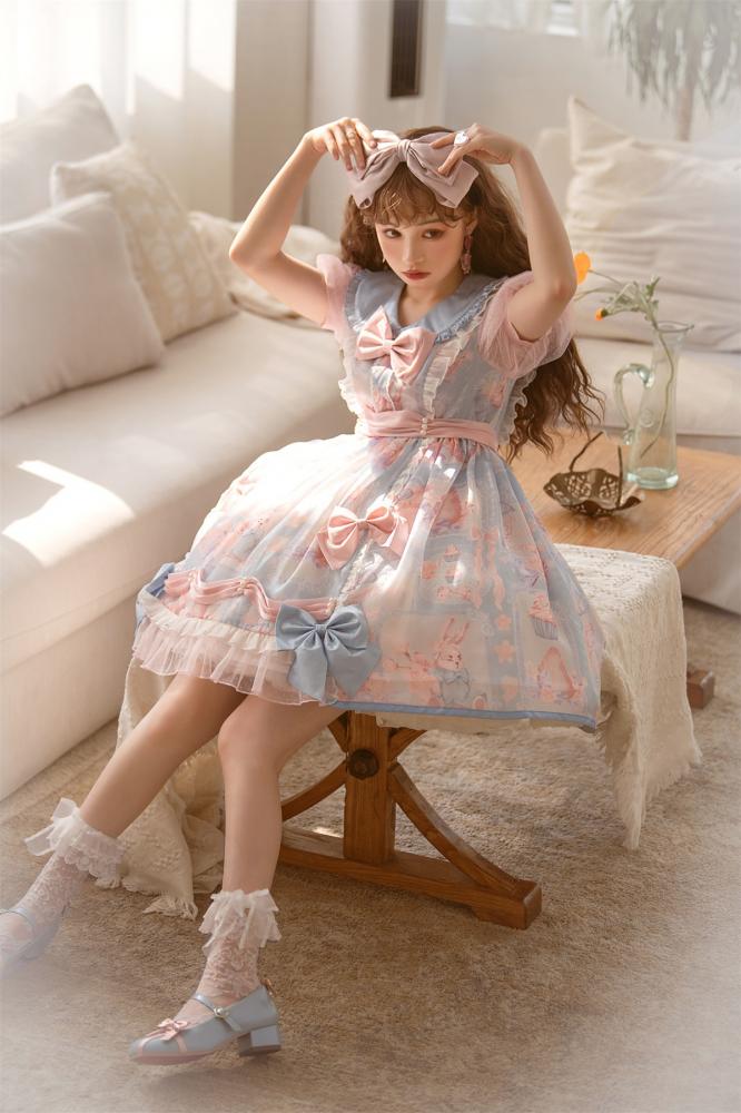 Bunny Print Light Blue Sweet Dress Print Short Sleeve One Piece