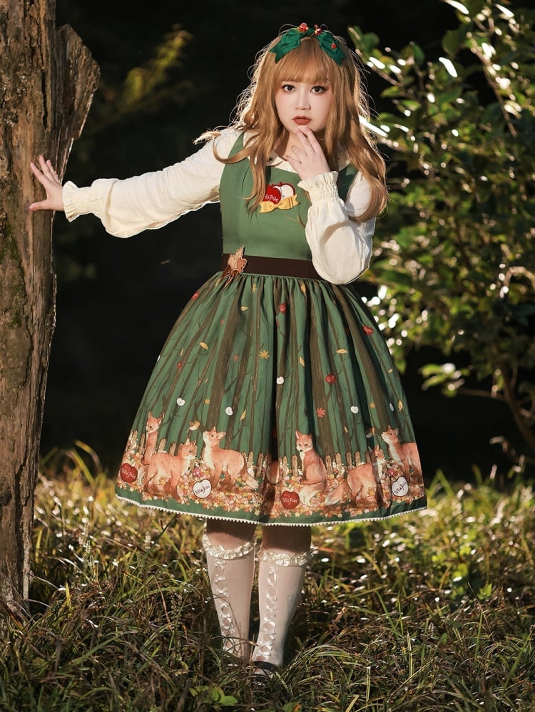 Green Apple Embroidery Bodice Forset Fox Print Jumper Skirt