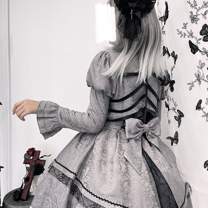 Gray Rose Ribs Embroidery Gothic Jumper Skirt/Jumper Skirt+Bolero Set