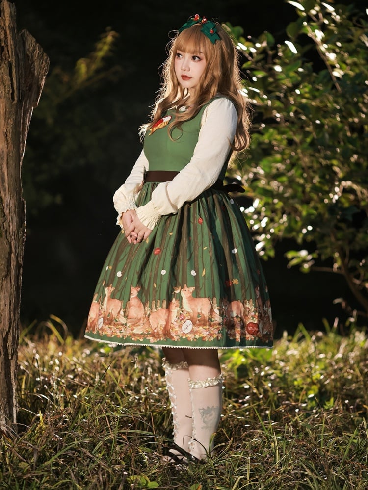 Green Apple Embroidery Bodice Forset Fox Print Jumper Skirt