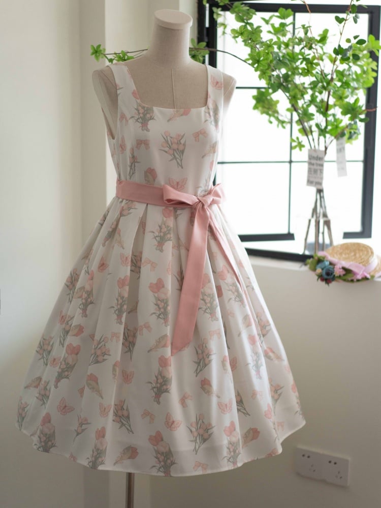 Clearance-Size XL for Bust 100cm Long Version Pink Tulip Print Square Neckline Jumper Skirt