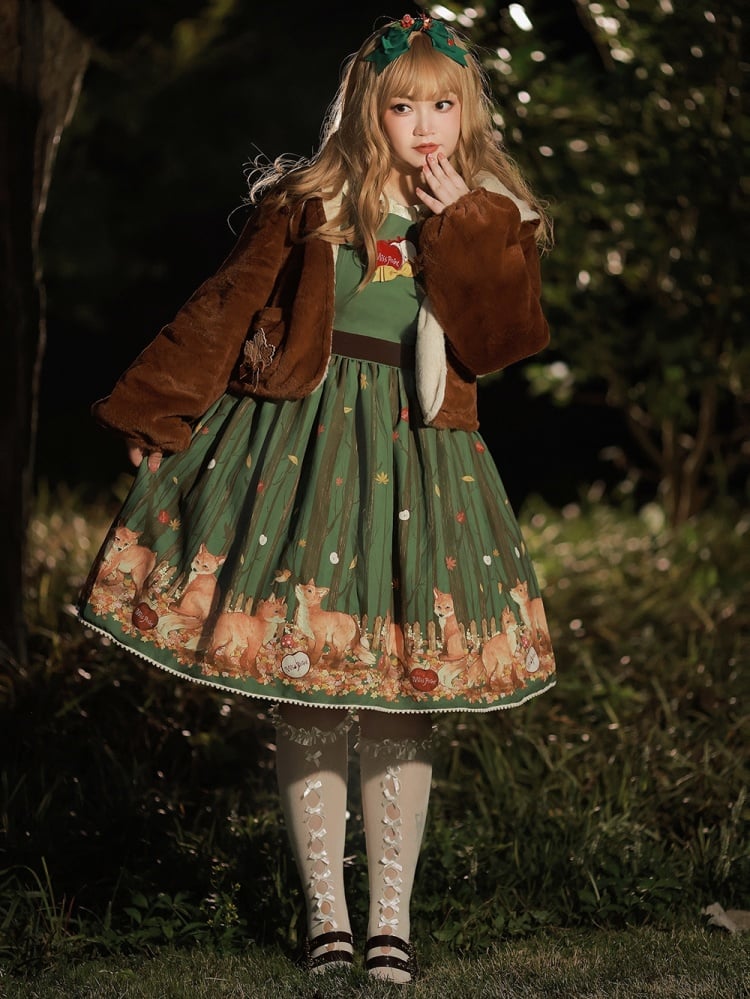 Green Apple Embroidery Bodice Forset Fox Print Jumper Skirt