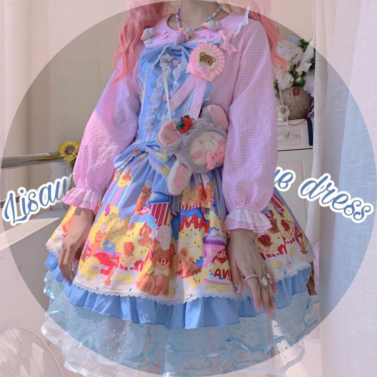 Clearance-Size M for Waist 84CM Little Bear and Pot Built-in Petticoat Bear and Biscuit Print Overalls Blue