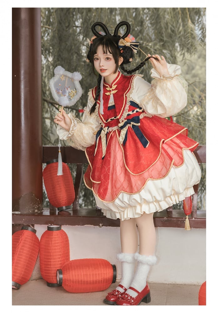 Red and Light Yellow Banded Collar Bubble Hem One Piece - Sukuroi