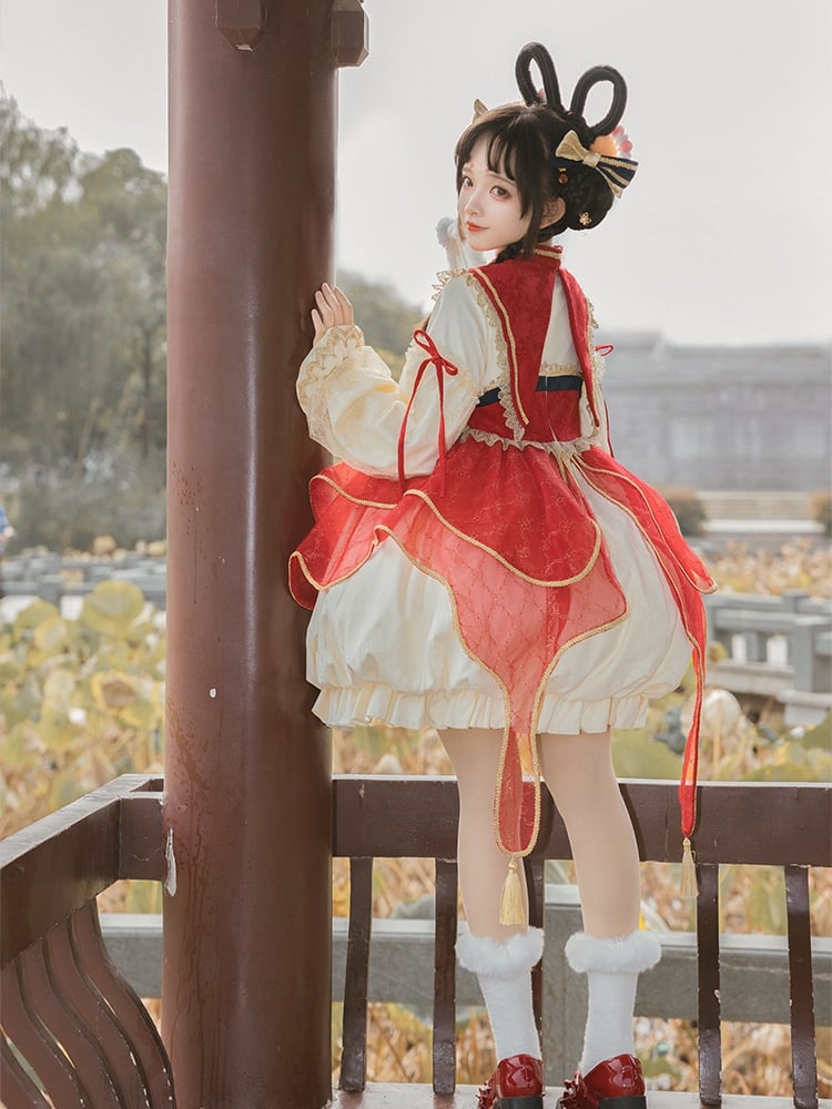 Red and Light Yellow Banded Collar Bubble Hem One Piece - Sukuroi