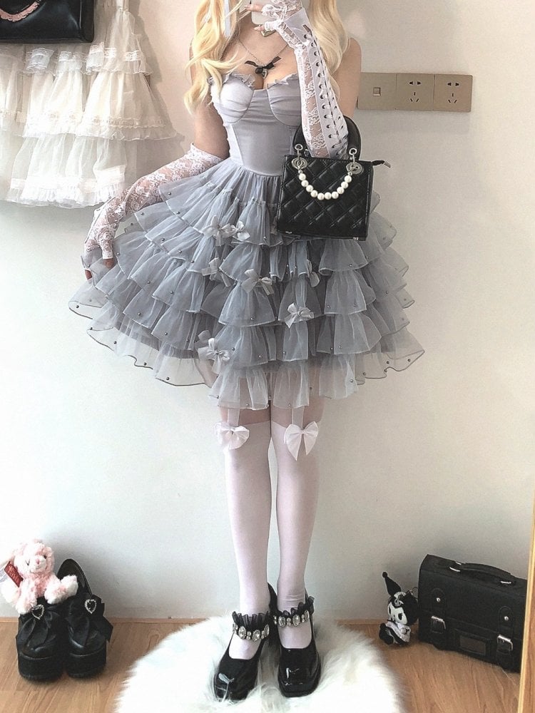 Black/White/Grey Bowknots and Beads Details Tiered Skirt Jumper Skirt