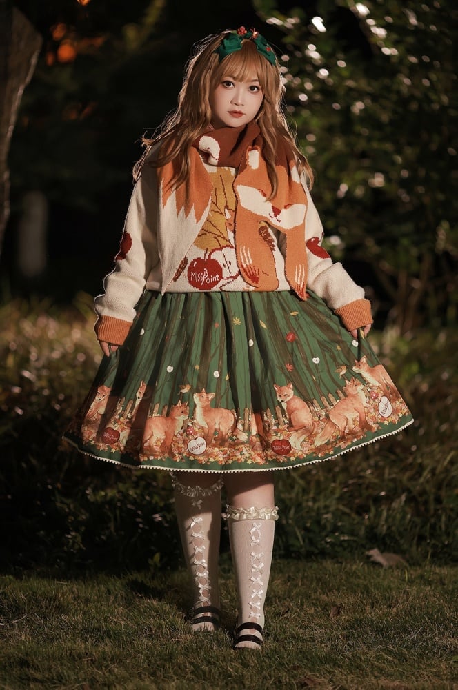 Green Apple Embroidery Bodice Forset Fox Print Jumper Skirt