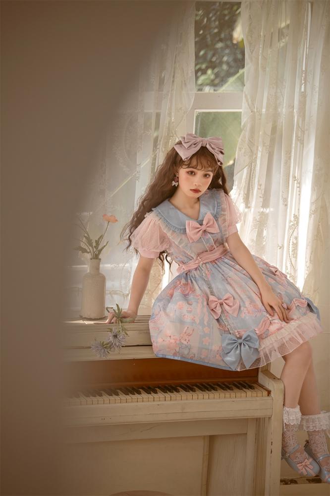 Bunny Print Light Blue Sweet Dress Print Short Sleeve One Piece