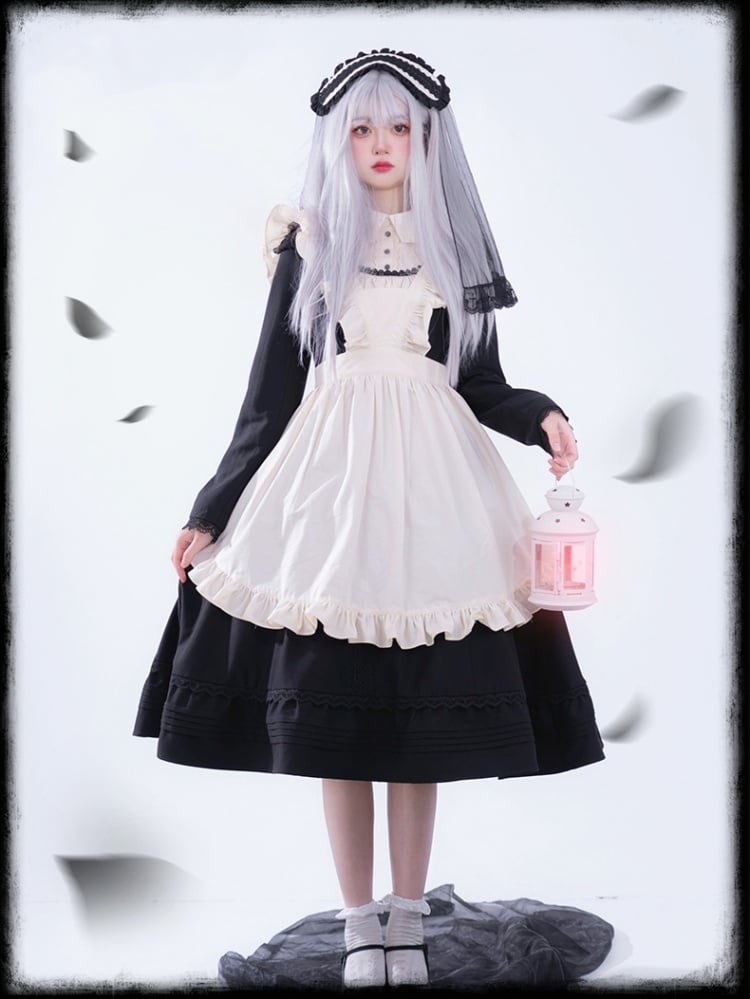 Clearance - Miss Grace Black Peter Pan Collar Long Sleeves Maid One Piece Full Set