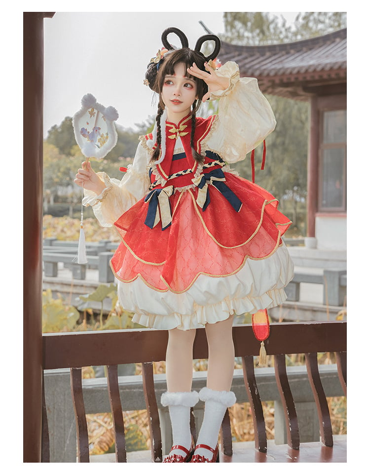 Red and Light Yellow Banded Collar Bubble Hem One Piece - Sukuroi