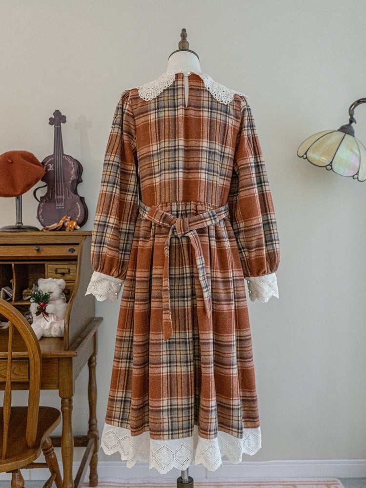 Brown Autumn Plaid Pattern Dress One Piece