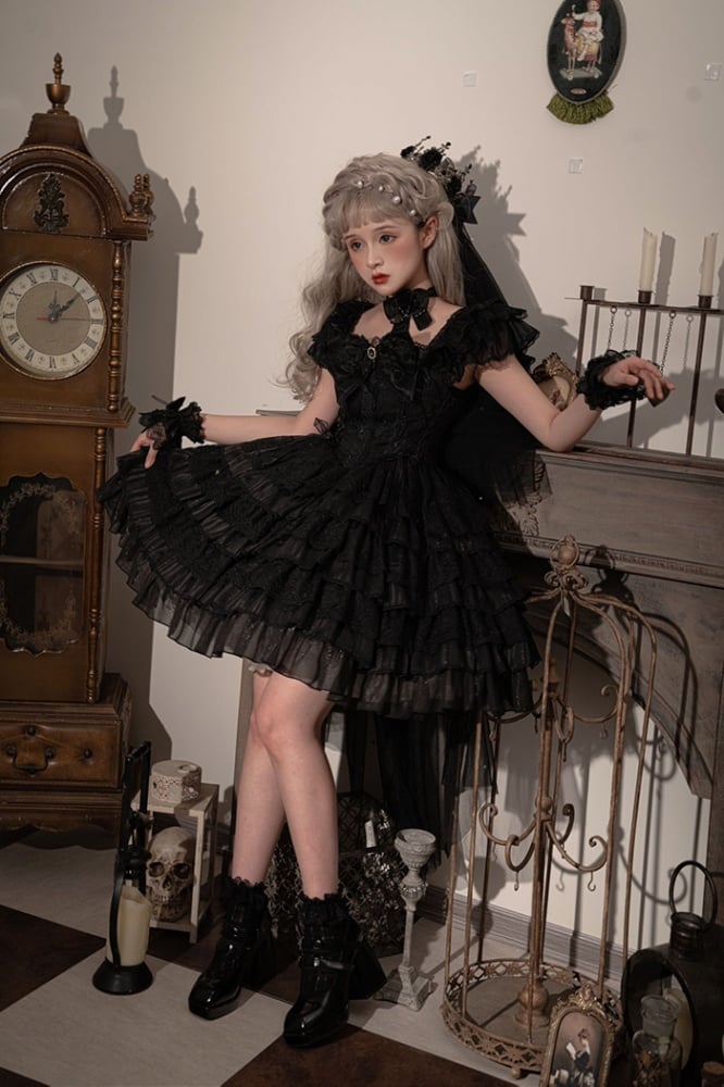 Black Tiered Ruffles Skirt One Piece Lace-up Waist and Back