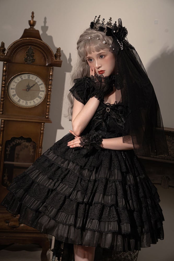 Black Tiered Ruffles Skirt One Piece Lace-up Waist and Back