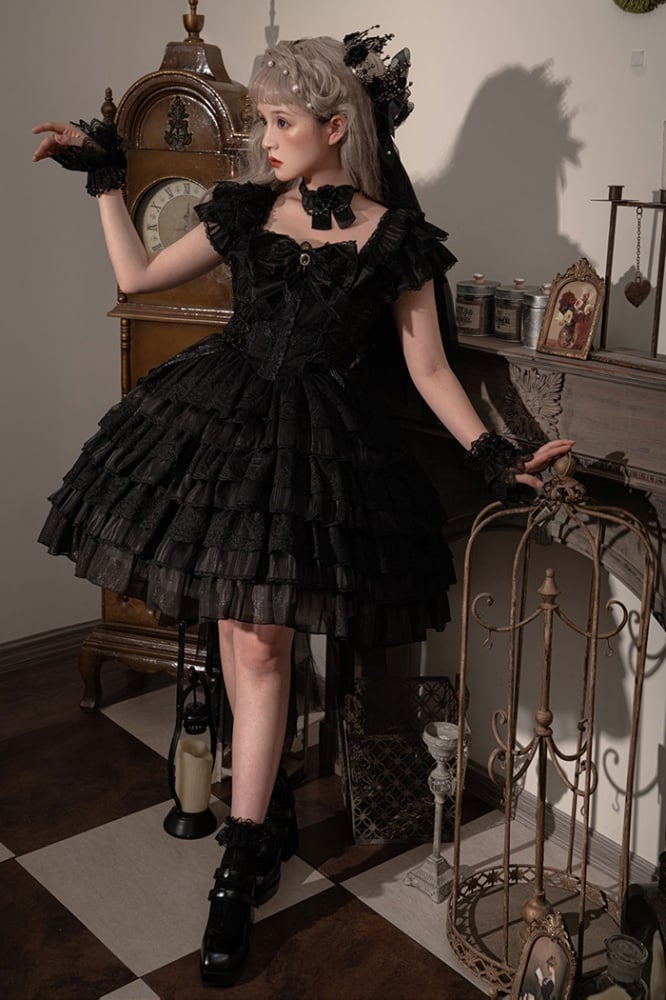 Black Tiered Ruffles Skirt One Piece Lace-up Waist and Back