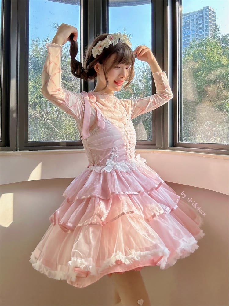 Clearance-Size L for Bust 90-100cm Pink Tiered Hem Jumper Skirt + Size M for Waist 70-100cm Petticoat Set