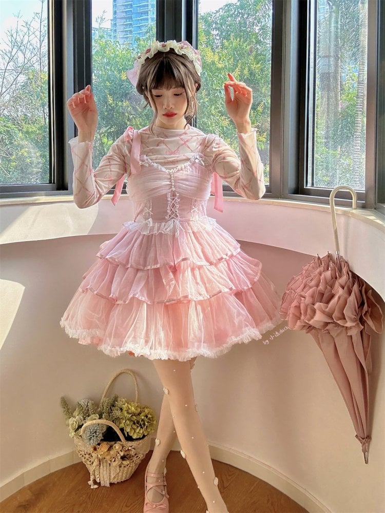 Clearance-Size L for Bust 90-100cm Pink Tiered Hem Jumper Skirt + Size M for Waist 70-100cm Petticoat Set