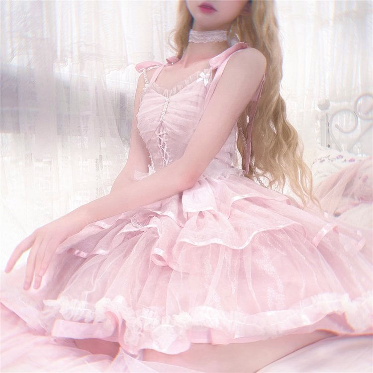 Clearance-Size L for Bust 90-100cm Pink Tiered Hem Jumper Skirt + Size M for Waist 70-100cm Petticoat Set