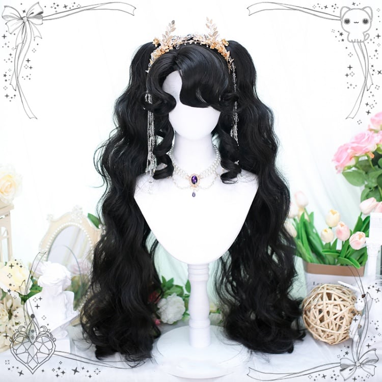 Curly Bangs Black Short Synthetic Wig with Wavy Double Ponytails