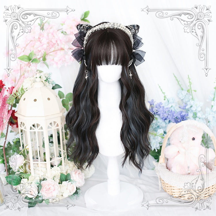 Wuxiao Wavy Highlight Hair Color Dark Brown-Dusty Blue Lolita Long Synthetic Wig