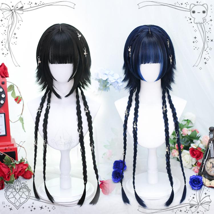 Highlight Blue / Black Short Wig with Braids