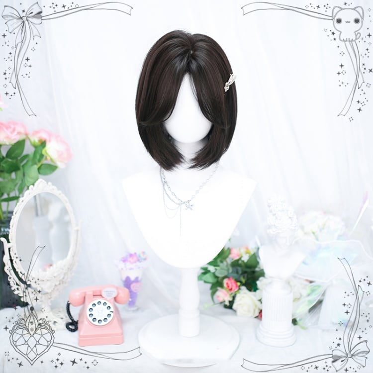 Dark Brown/Brown Curtain Bangs Bob Cut Short Synthetic Wig