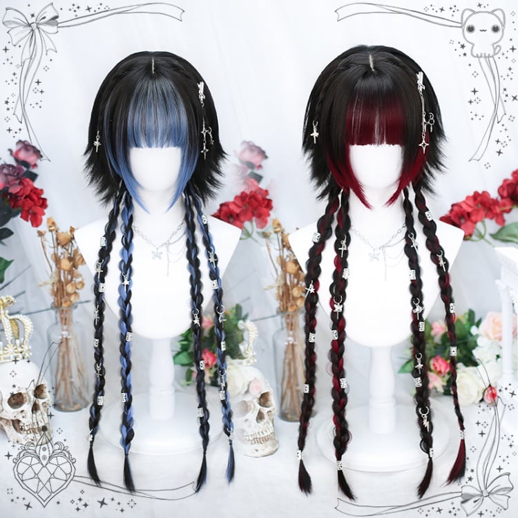 Red/Blue Highlight Ouji Short Wig with Long Braids