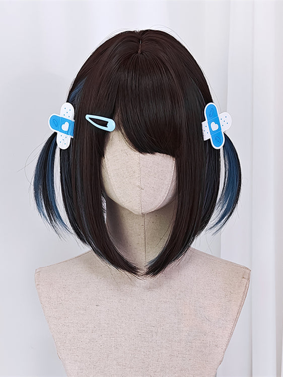 Haze Blue Highlight Dark Brown Shoulder Length Straight Synthetic Wig